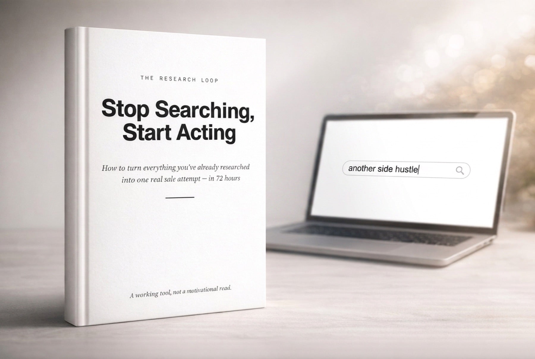 Stop Searching, Start Acting as a printed book beside a laptop